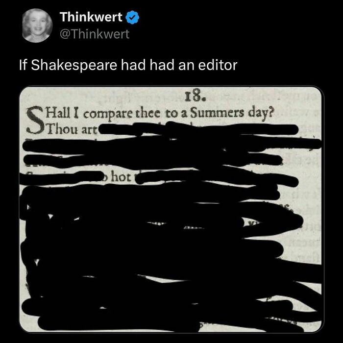 Tweet humorously imagining Shakespeare edited, highlighting millennial life with text heavily redacted.