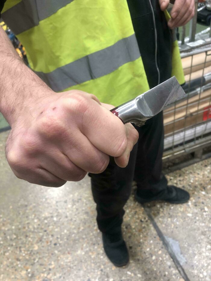 Found A Stocker At Work Using This Broken Steak Knife To Cut Open Boxes