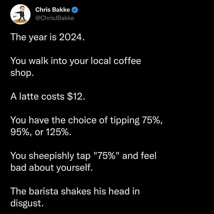 Millennial life meme about expensive lattes and high tipping percentages in 2024, highlighting modern coffee shop dilemmas.