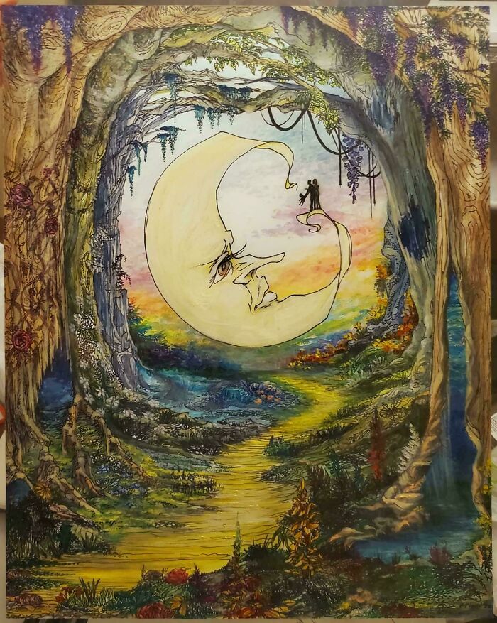 Painting For Firstborn, Called "Two And The Moon" Watercolor And Ink