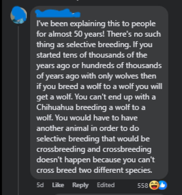 A social media post by an overly confident individual incorrectly explaining selective breeding.