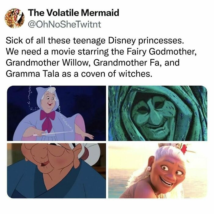 Meme about millennial life featuring Disney grandmothers as witches: Fairy Godmother, Grandmother Willow, Fa, Gramma Tala.