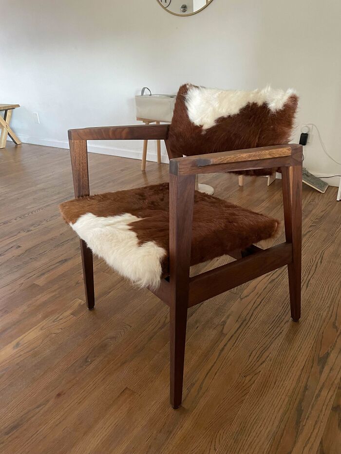 Reupholstered This Chair I Got For Free Using An Old IKEA Cow Skin Rug I Didn’t Really Care About Anymore -First Post Here