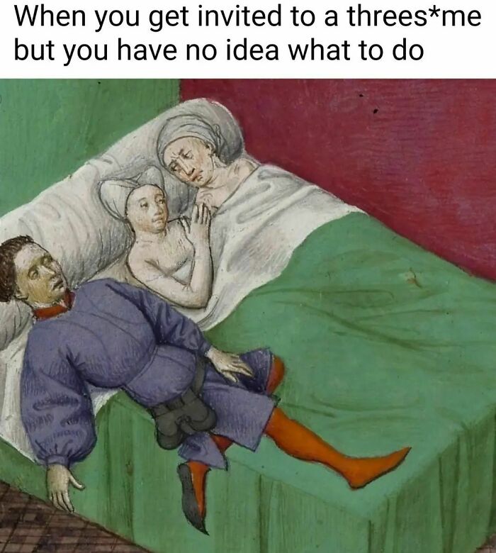 Great works of art meme depicting a humorous medieval threesome scene.