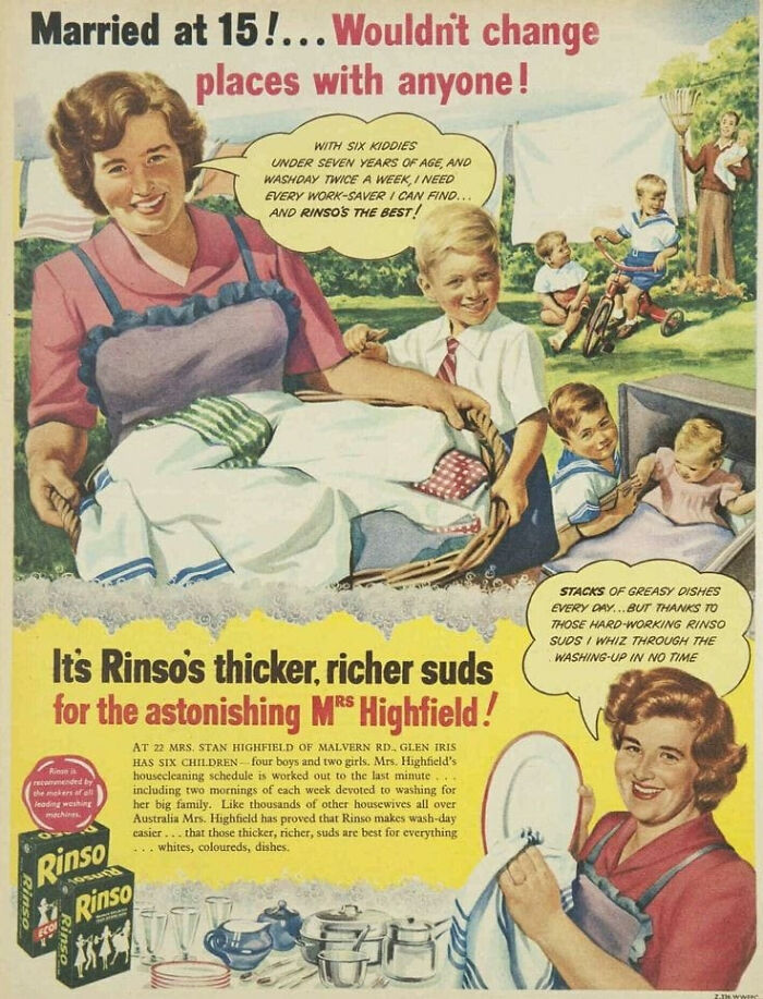 6 Kids At 22? The Astonishing Mrs. Highfield For Rinso's Soap. Australia, 1953