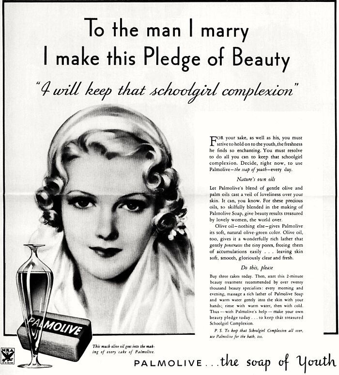 "To The Man I Marry, I Make This Pledge Of Beauty: I Will Keep That Schoolgirl Complexion". An American Magazine Ad For Johnson Soap. New York Times. USA, 1933