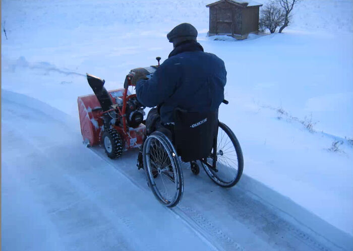 This Is My Coworker Nigel. He Has Been Paralyzed Since He Was 30 From A Motorcycle Accident. He Strives To Be As Independent As Possible And Retrofitted A Snowblower To Attach To His Wheel Chair. He Is Beyond Awesome And Is Always Cheerful And Positive