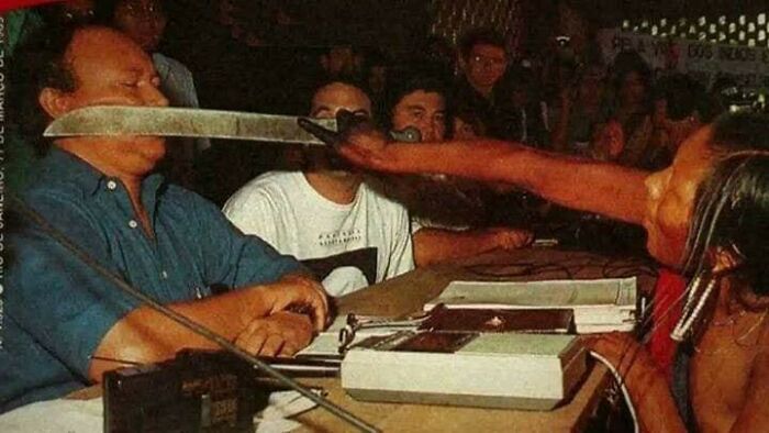 This Was Tuira, A Warrior Woman Of The Indigenous Kayapó People. The Setting Was A Conference Discussing The Building Of A Dam That Would Flood Her Ancestral Lands. (Brasil - 1989)