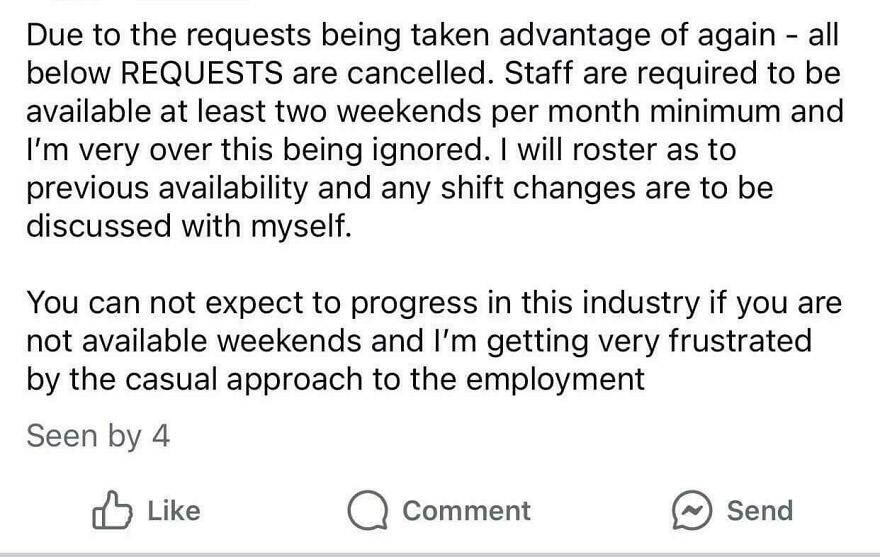 Employer Complains On Facebook About Casual Employee Taking Time Off For Birthdays