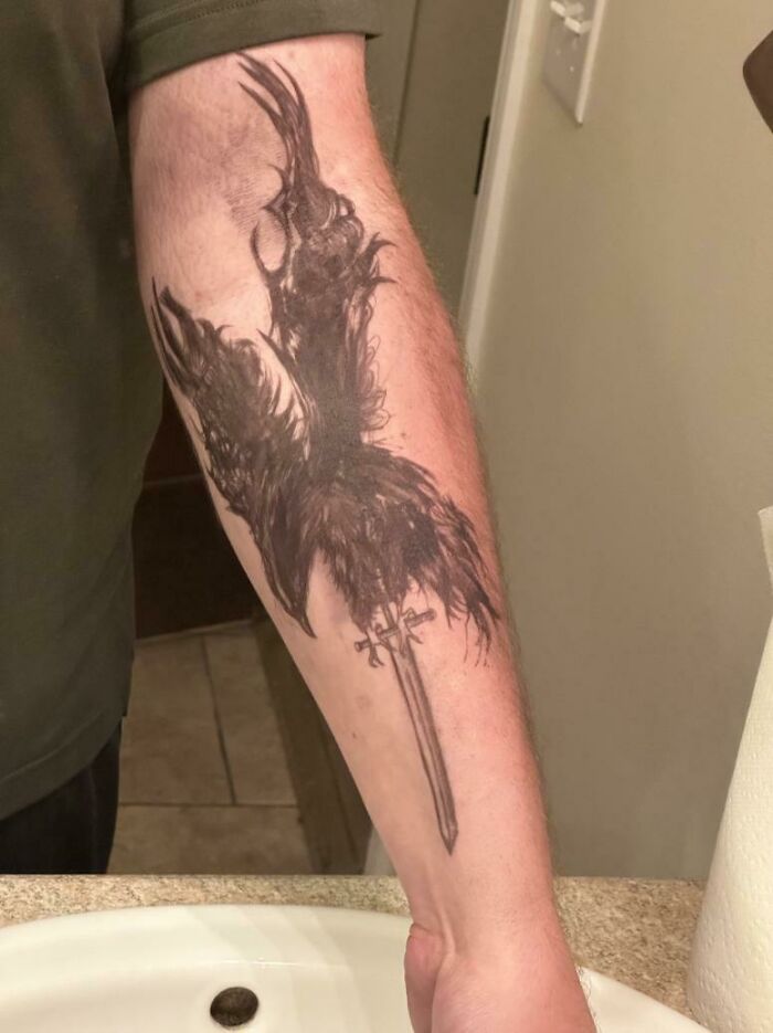 Let My 15yo Daughter Draw On My Arm. How Well Would The Feathers Hold If I Had It Recreated? (Also The Sword Was An After Thought And She Was Tired By Then)