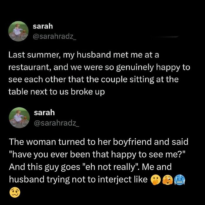 Tweet about millennial life humorously recounting a couple's interaction at a restaurant.