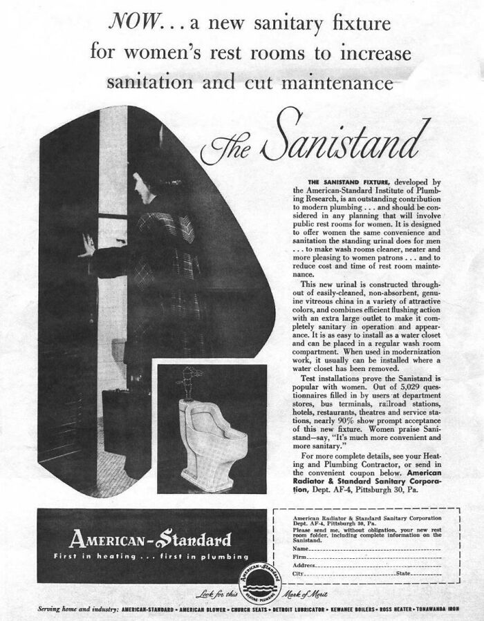 Now, A New Sanitary Fixture For Women's Restrooms... The Sanistand Women's Urinal. American-Standard, 1950s