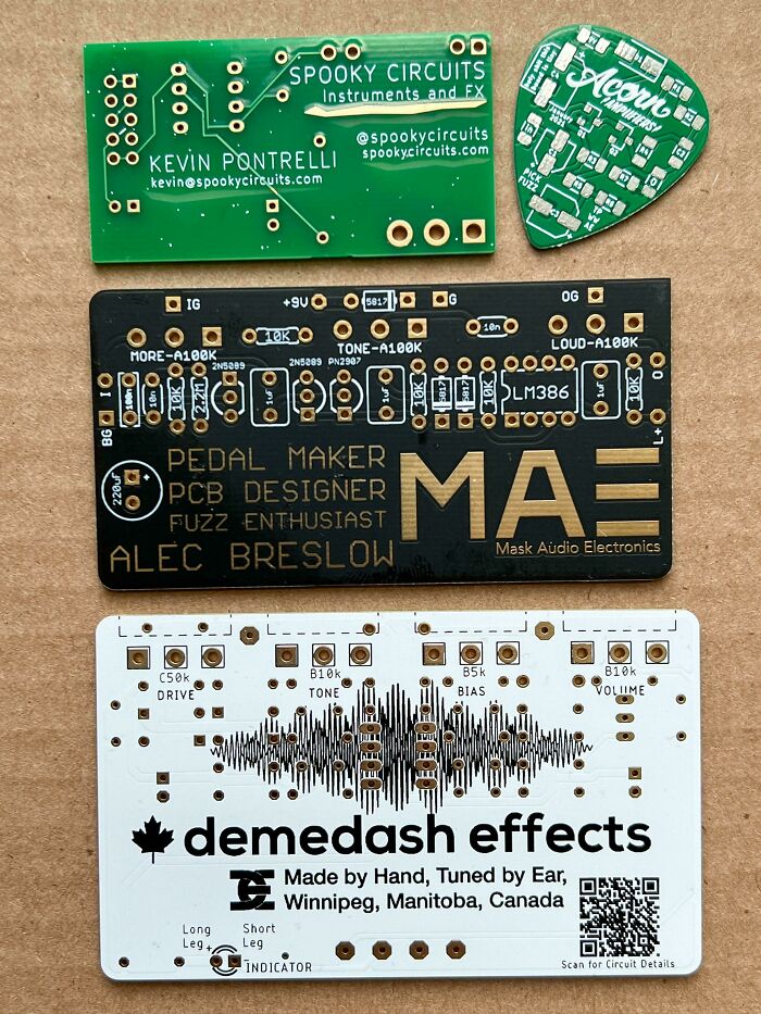 Business Cards Made Of PCB (Printed Circuit Board) I've Collected From Guitar Pedal Makers