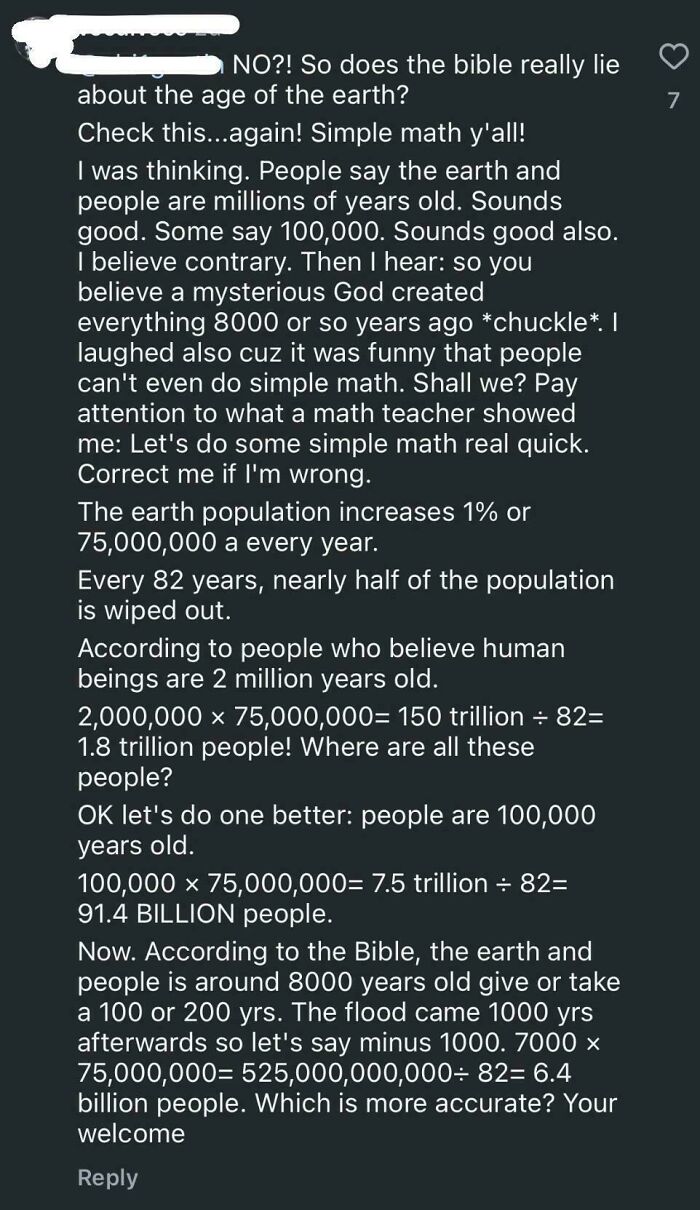 Comment with incorrect math about Earth's age from overly-confident person.