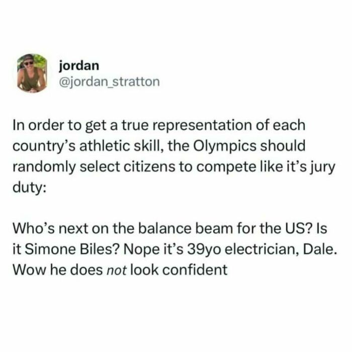 Meme about millennial life humorously suggesting random citizens compete in Olympics, highlighting 39-year-old electrician.