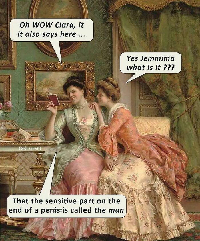 Two women in vintage attire reading, with humorous speech bubbles; great works of art meme.