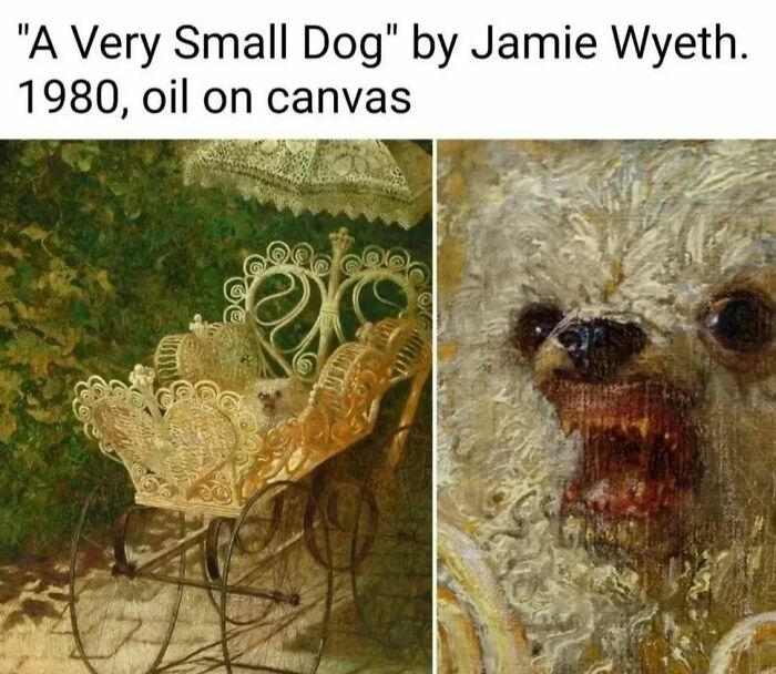 Great works of art meet memes: a small dog painting humorously reimagined with a fierce expression.