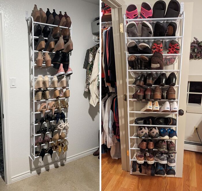 A Large Wall Or Door Mounted Shoe Rack Takes Storage Vertically