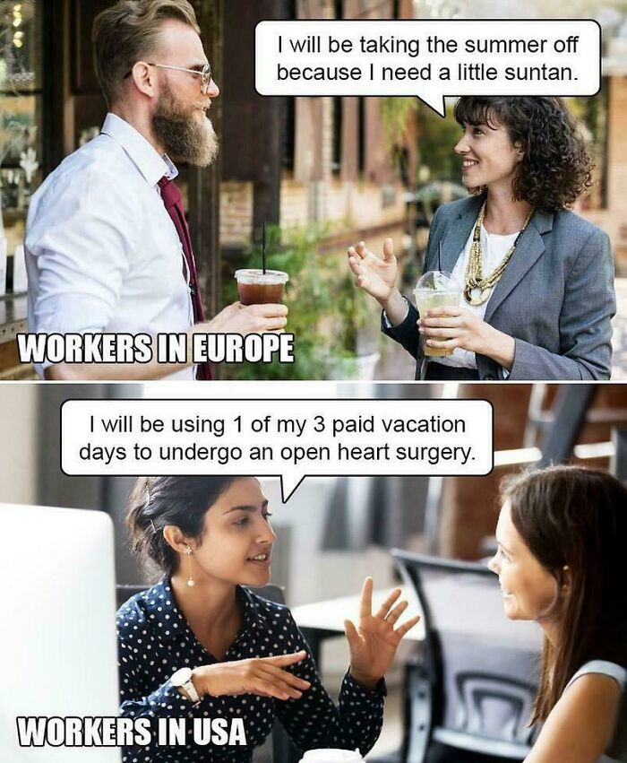 Funny post comparing European and USA workers' vacation policies with humorous speech bubbles.