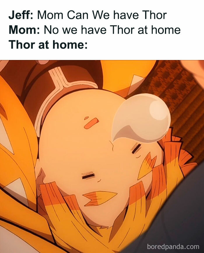 A Demon Slayer meme featuring two parts. The top part has text that reads, "Jeff: Mom Can We have Thor. Mom: No we have Thor at home. Thor at home:" The bottom image shows Zenitsu Agatsuma asleep with a bubble coming out of his nose, humorously depicting him as the "Thor at home." This meme plays on the classic "we have X at home" format, humorously suggesting Zenitsu's sleeping form as an underwhelming substitute for the superhero Thor.