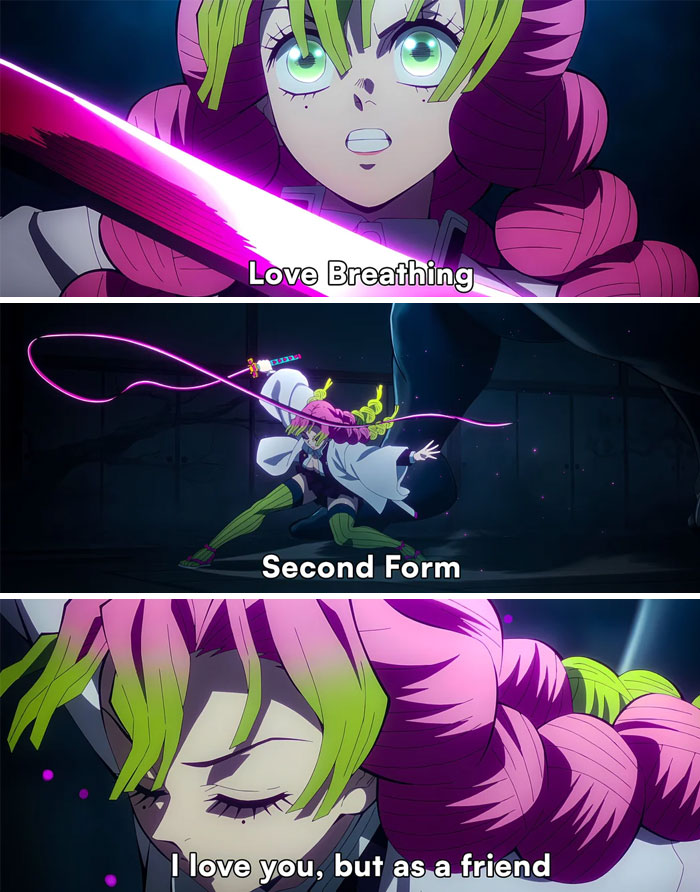 A Demon Slayer meme featuring three images. The first image shows Mitsuri Kanroji, the Love Hashira, with her sword glowing pink, captioned "Love Breathing." The second image shows her executing a powerful sword technique with the caption "Second Form." The third image shows a close-up of Mitsuri with a serious expression, and the caption reads, "I love you, but as a friend." This meme humorously combines Mitsuri's unique breathing technique with a common phrase used to gently reject romantic advances.