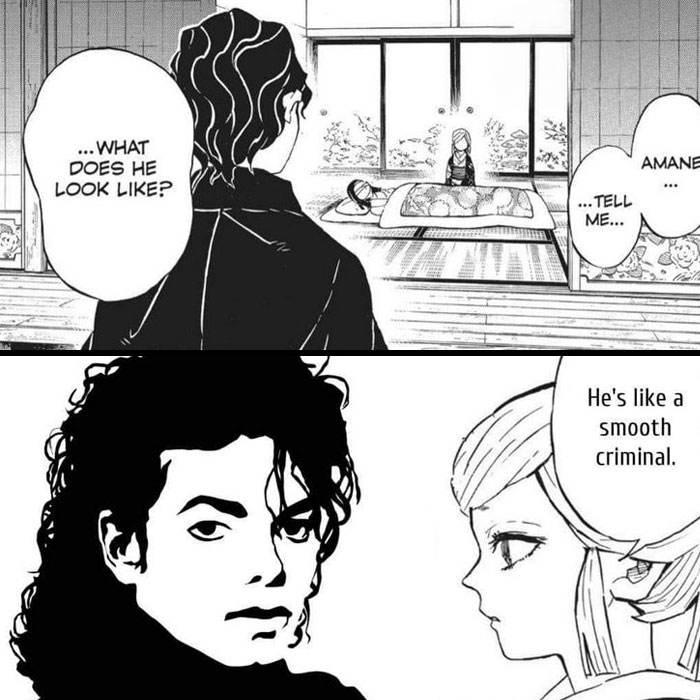 A Demon Slayer meme featuring two manga-style images. The top image shows a character asking, "...What does he look like?" and another character responding, "...Tell me... Amanojaku..." The bottom image humorously juxtaposes a drawing of Michael Jackson in his "Smooth Criminal" look with a character saying, "He's like a smooth criminal." This meme plays on the visual similarity between Michael Jackson and the character Muzan Kibutsuji from Demon Slayer.