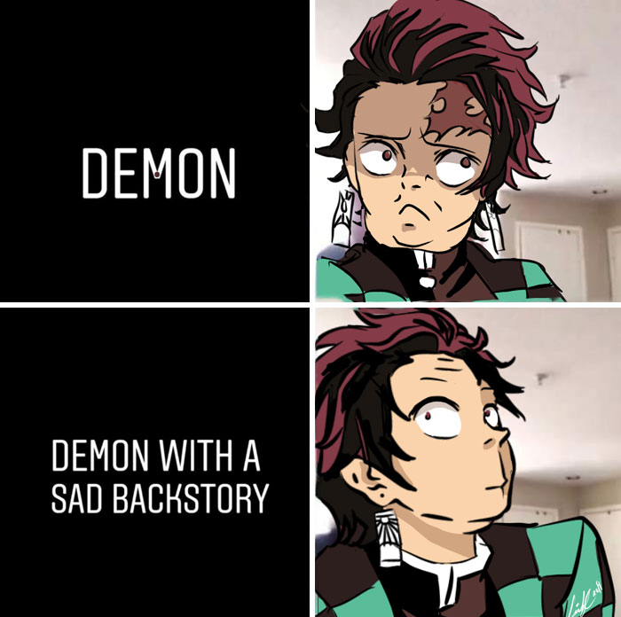 A Demon Slayer meme featuring four panels. The first panel has text that reads, "DEMON." The second panel shows Tanjiro Kamado with a skeptical expression. The third panel has text that reads, "DEMON WITH A SAD BACKSTORY." The fourth panel shows Tanjiro with a shocked and sympathetic expression. This meme humorously illustrates Tanjiro's tendency to feel compassion for demons once he learns about their tragic pasts.