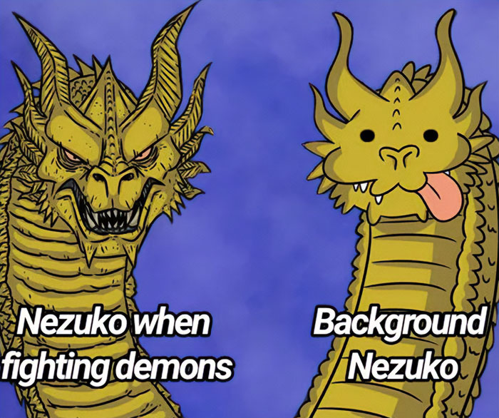 A Demon Slayer meme featuring two images of a three-headed dragon. The left head has an intense and fierce expression, labeled "Nezuko when fighting demons." The right head has a goofy and silly expression, labeled "Background Nezuko." This meme humorously contrasts Nezuko's fierce combat persona with her more relaxed and less intense demeanor when she is not in the heat of battle.