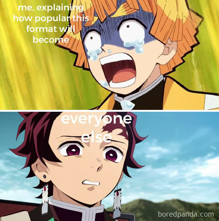 A Demon Slayer meme featuring two images. The top image shows Zenitsu Agatsuma crying and yelling with the caption, "me, explaining how popular this format will become." The bottom image shows Tanjiro Kamado with a concerned and confused expression, with the caption, "everyone else." The meme humorously captures the differing reactions to the anticipated popularity of a meme format.