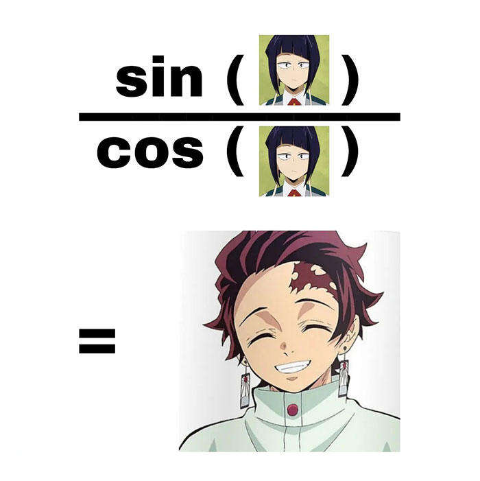 A Demon Slayer meme featuring a math pun. The top part shows the trigonometric expression "sin(x) / cos(x)" with images of the character Inosuke Hashibira's mask replacing "x." The bottom part shows Tanjiro Kamado smiling happily. This meme humorously combines the trigonometric identity tan(x) = sin(x) / cos(x) with the characters from Demon Slayer, implying that Tanjiro (tan) is the result of the equation.