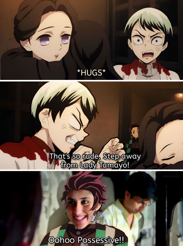 A Demon Slayer meme featuring three panels: The first panel shows Lady Tamayo hugging someone with a caption "HUGS". The second panel shows Yushiro, looking upset and saying, "That's so rude, Step away from Lady Tamayo!" The third panel is edited to show Tanjiro with a smiling face and the caption "Oohoo Possessive!!" This meme humorously depicts Yushiro's jealousy and possessiveness over Lady Tamayo, while Tanjiro reacts with amusement.