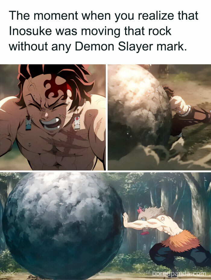 A Demon Slayer meme featuring three images with text at the top that reads, "The moment when you realize that Inosuke was moving that rock without any Demon Slayer mark." The first image shows Tanjiro Kamado straining and screaming, the second image is a close-up of Inosuke Hashibira's hands pushing a large rock, and the third image shows Inosuke pushing the massive rock with all his strength. This meme highlights Inosuke's impressive physical strength, noting that he accomplished the feat without a Demon Slayer mark.