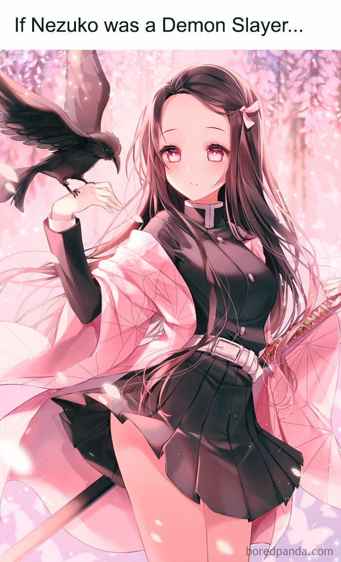 A Demon Slayer meme featuring an image of Nezuko Kamado dressed as a Demon Slayer, holding a sword and accompanied by a crow perched on her hand. The background is a beautiful, soft pink scene with cherry blossoms. The text above the image reads, "If Nezuko was a Demon Slayer..." This meme imagines Nezuko in the role of a Demon Slayer, highlighting her potential strength and elegance.