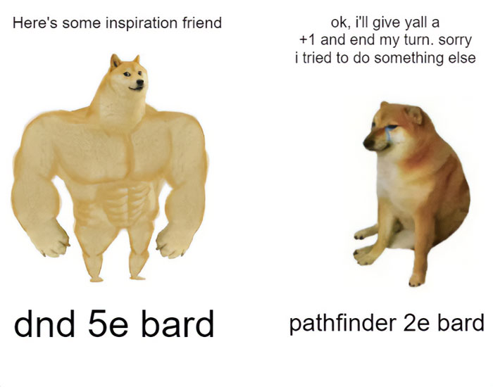 A DnD meme featuring two versions of the Doge meme. On the left is a muscular Doge labeled "dnd 5e bard" with the caption, "Here's some inspiration friend." On the right is a sad Doge labeled "pathfinder 2e bard" with the caption, "ok, i'll give y'all a +1 and end my turn. sorry i tried to do something else." The meme humorously contrasts the perceived power and effectiveness of bards in D&D 5e versus Pathfinder 2e.