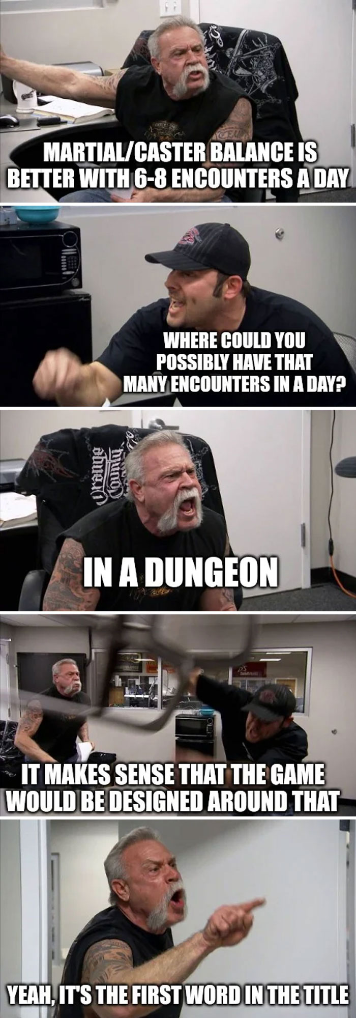 A DnD meme featuring a scene from "American Chopper" with two men arguing. The first man, labeled "Martial/Caster balance is better with 6-8 encounters a day," shouts angrily. The second man responds, "Where could you possibly have that many encounters in a day?" The first man yells back, "In a dungeon." The second man retorts, "It makes sense that the game would be designed around that." The first man concludes, "Yeah, it's the first word in the title." The images humorously depict a heated debate about D&D game design.