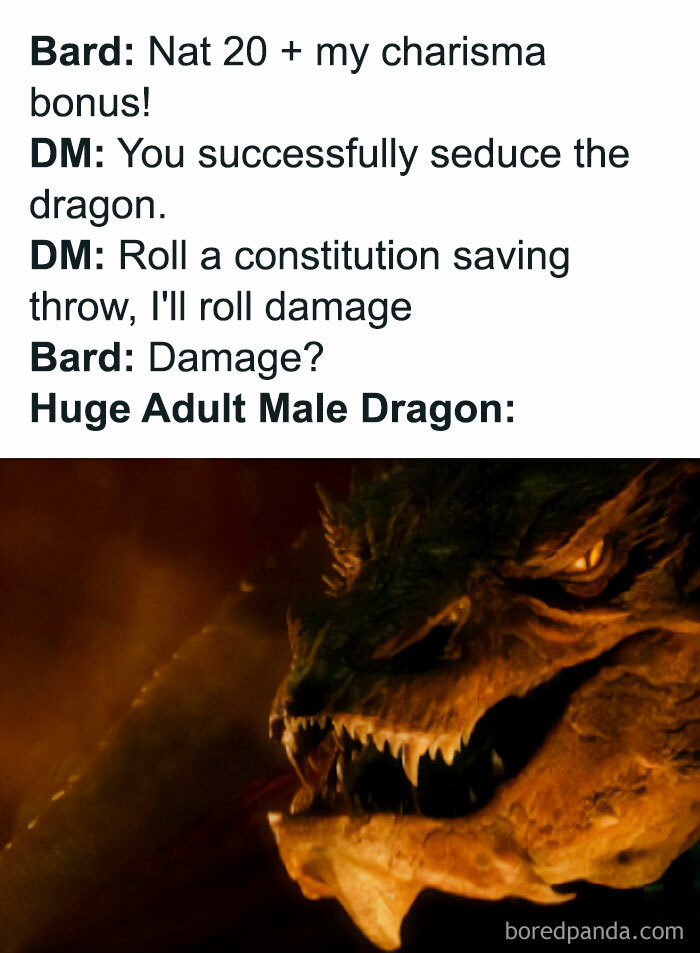 A DnD meme featuring a scene with a dragon. The text above the image reads: "Bard: Nat 20 + my charisma bonus! DM: You successfully seduce the dragon. DM: Roll a constitution saving throw, I'll roll damage Bard: Damage? Huge Adult Male Dragon:" The image below shows a fierce dragon with an intense expression. The meme humorously depicts the unexpected consequences of a bard successfully seducing a dragon in a D&D game.