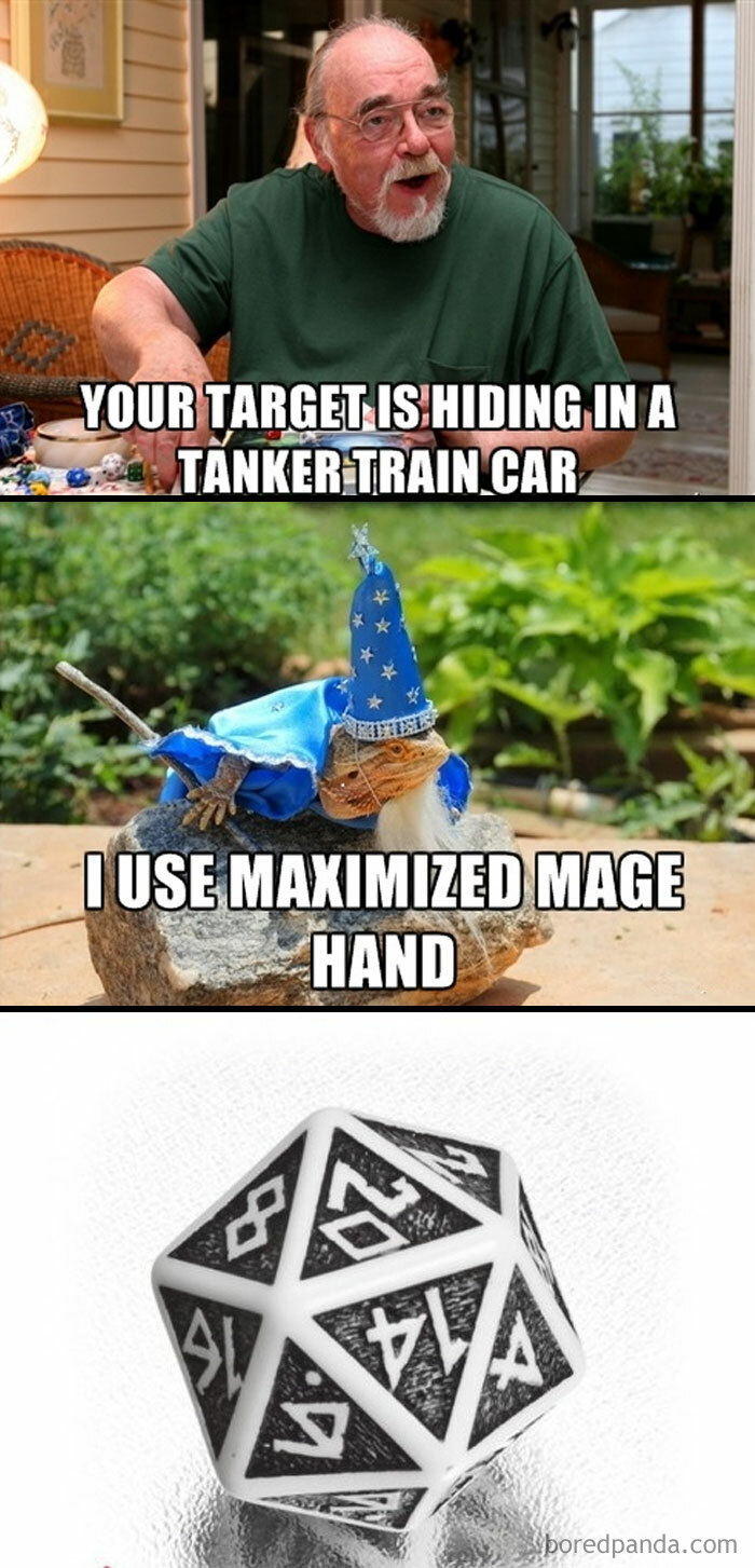 A DnD meme with three panels. The first panel features a man with glasses, likely a DM, with the caption, "Your target is hiding in a tanker train car." The second panel shows a lizard dressed as a wizard with the caption, "I use maximized mage hand." The third panel shows a 20-sided die, commonly used in D&D. The meme humorously depicts a player's creative use of a spell to address an unusual situation in the game.