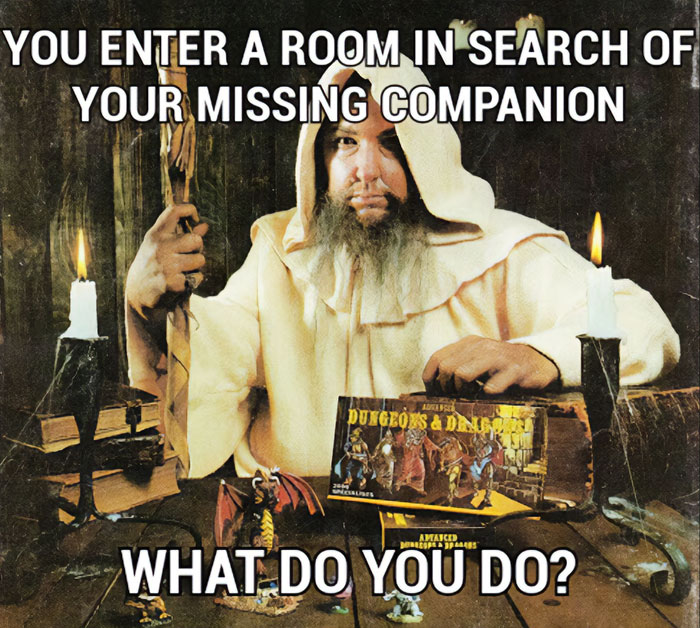 A DnD meme featuring an image of a bearded man dressed as a wizard, sitting at a table with Dungeons & Dragons materials and miniature figures. The text above the image reads, "You enter a room in search of your missing companion." The text below the image reads, "What do you do?" The meme humorously captures the classic setup of a D&D adventure scenario.