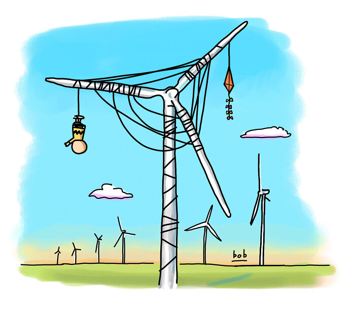 Cartoon of tangled wind turbine with kite and light bulb, set in a field, perfect for humor and museum lovers.