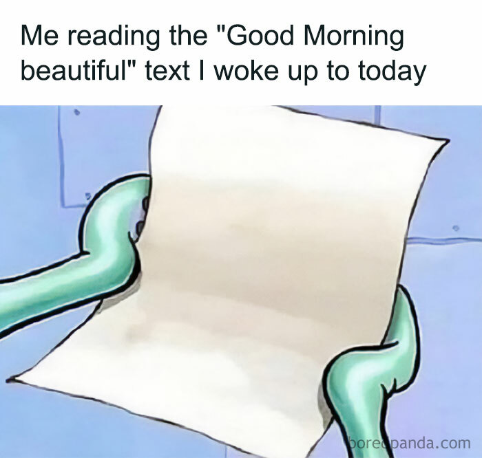 Funny cartoon character reading a blank page with a caption about a morning text.