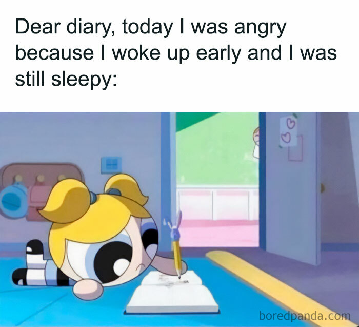 Cartoon girl writing in a diary looking sleepy, illustrating a funny good morning meme.