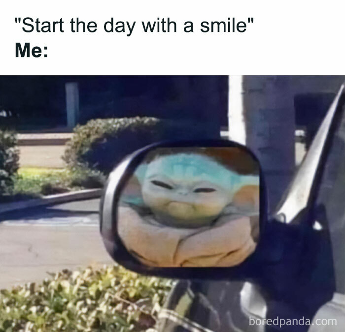 Funny "Good Morning" meme with Baby Yoda in a car mirror.