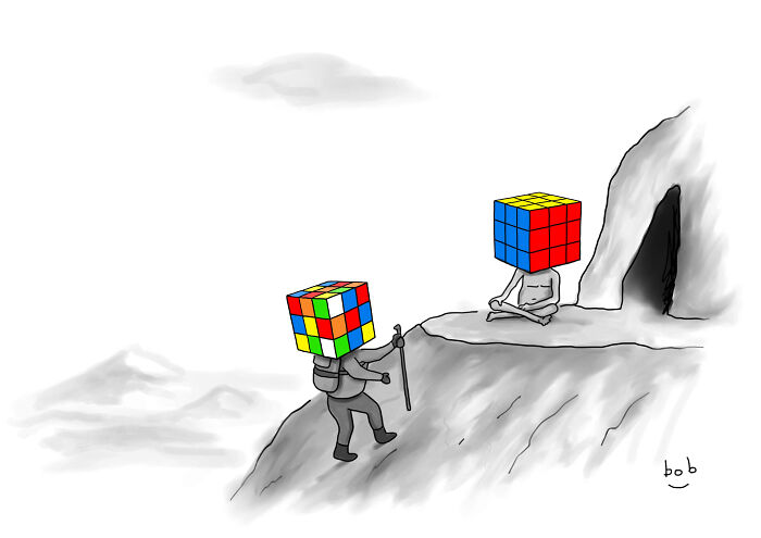 Cartoon of hikers with Rubik's cubes as heads, one climbing, one meditating on a rocky mountain ledge.