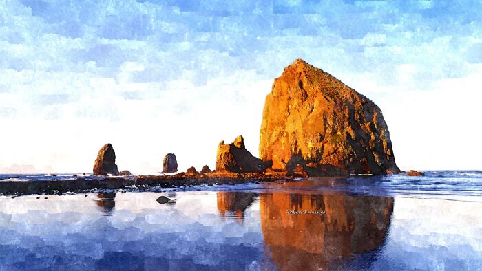 "Haystack Rock", Cannon Beach, Oregon. Watercolor On Arches 300 Lb. Cold Press Paper © Robert Enninga