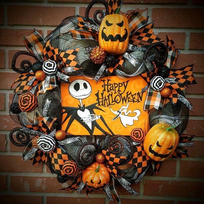 Jack Skellington And Zero Halloween Wreath With A Hand Painted Wood Sign