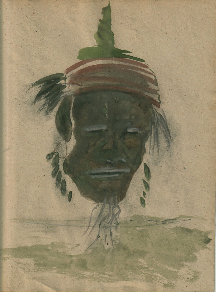 Unknown Artist Shrunken Head, Watercolor 1940's