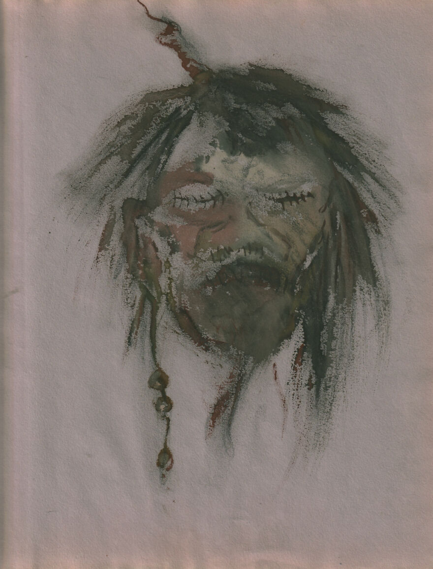 Unknown Artist Shrunken Head, Watercolor 1940's