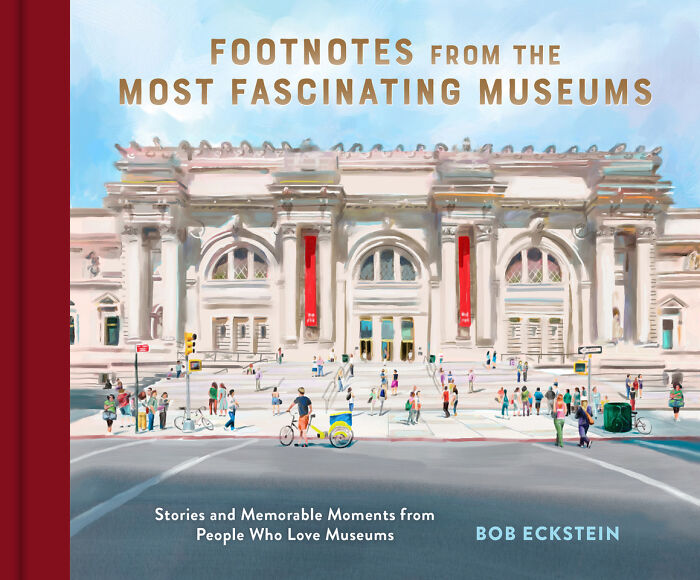 Illustrated book cover of a museum with visitors outside, focusing on humor and museum themes.