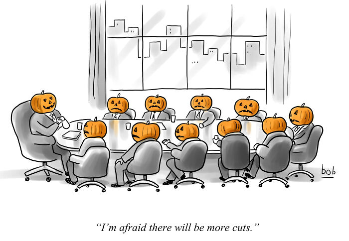 Cartoon of a boardroom meeting with people having pumpkin heads, humorously discussing budget cuts.