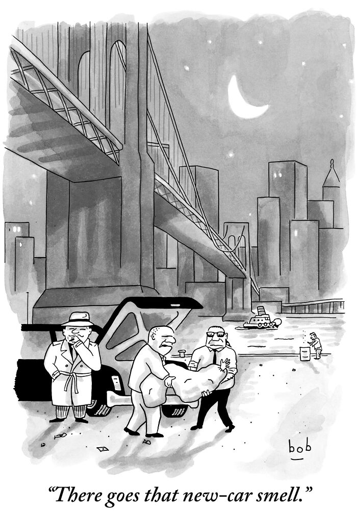 Cartoon of men at night by a bridge, one smoking, two carrying a sack with the caption "There goes that new-car smell."